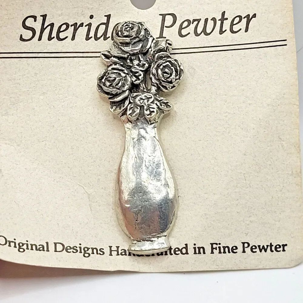 Sheridan Pewter Roses in Vase Pin Brooch 2.5in Handcrafted Fine Pewter